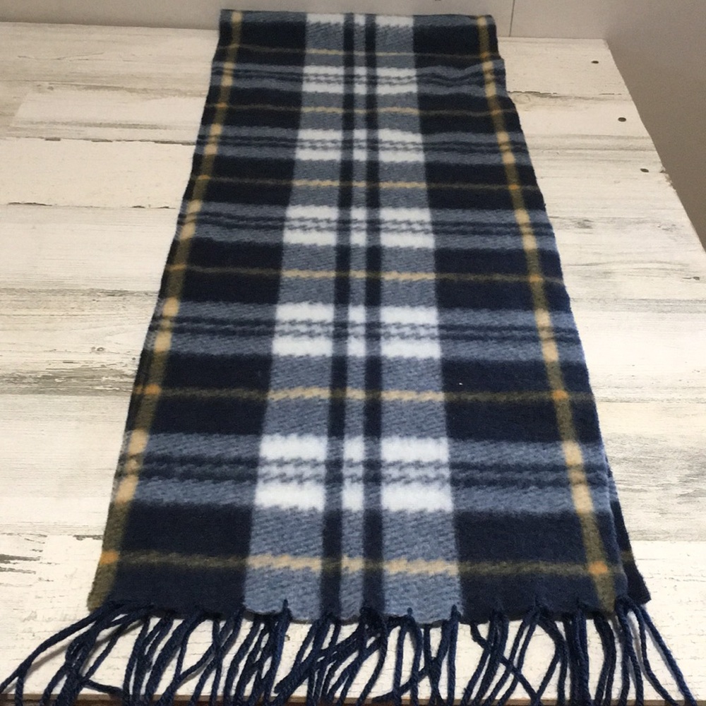 Royal Rossi blue tan cream white plaid 10”x62” cashmere scarf with fringe